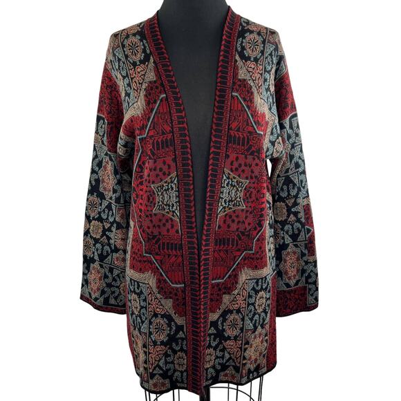 Peruvian Connection Sweaters - Peruvian Connection Open Front Cardigan Sweater Red Medallion Red Long Slv Sz S